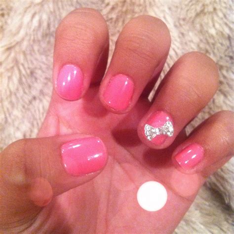 Pink Gel Nails W Sparkly Bow Nails Pink Gel Nails Gel Nails