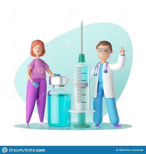 3d Render. Cartoon Characters Doctor And Nurse Near The Big Syringe ...