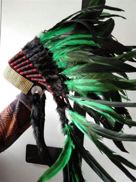 Green Indian Feather Headdress Handmade Native Costumes Indian War Bonnet Feather Hat Customs In