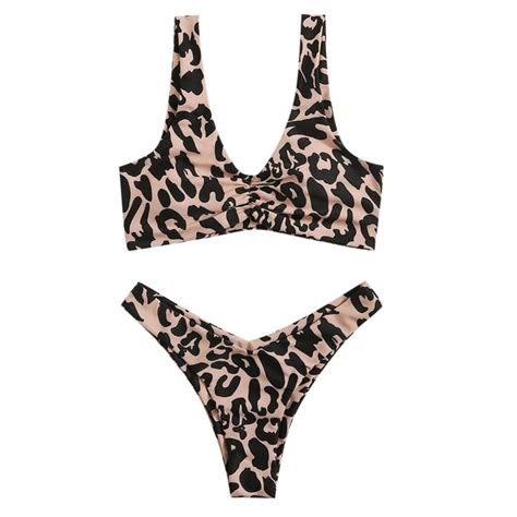 Women Print Push Up Padded Bra Beach Bikini Set Swimsuit Beachwear Swimwear Leopard Print Low