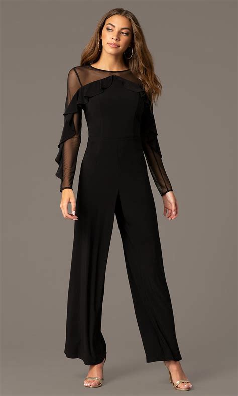 Long Black Party Jumpsuit With Sheer Long Sleeves Black Jumpsuit