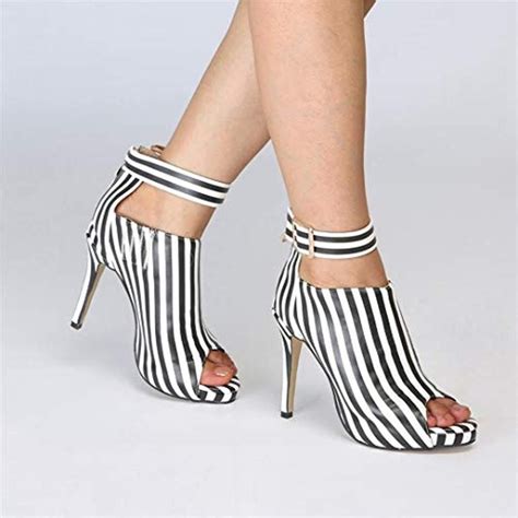 Black White Striped High Heels Shoes In 2020 Striped High Heels