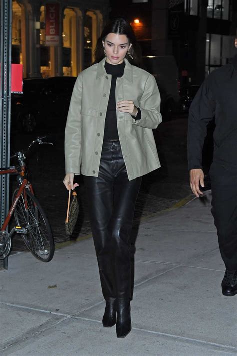 Kendall Jenner In A Green Leather Jacket Arrives At Gigi Hadids House