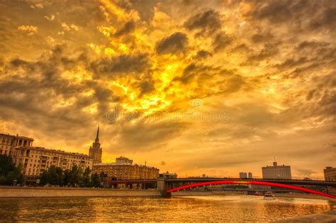 Vibrant Sunset Cityscape Moscow River Landscape With Dramatic Skies