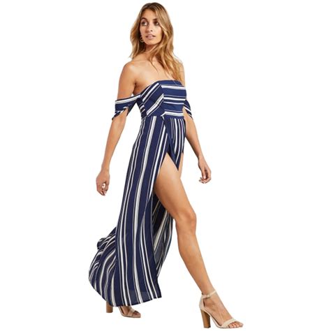 Celucasn Sexy Off Shoulder Striped High Split Long Maxi Dresses Women Casual Summer Boho Beach