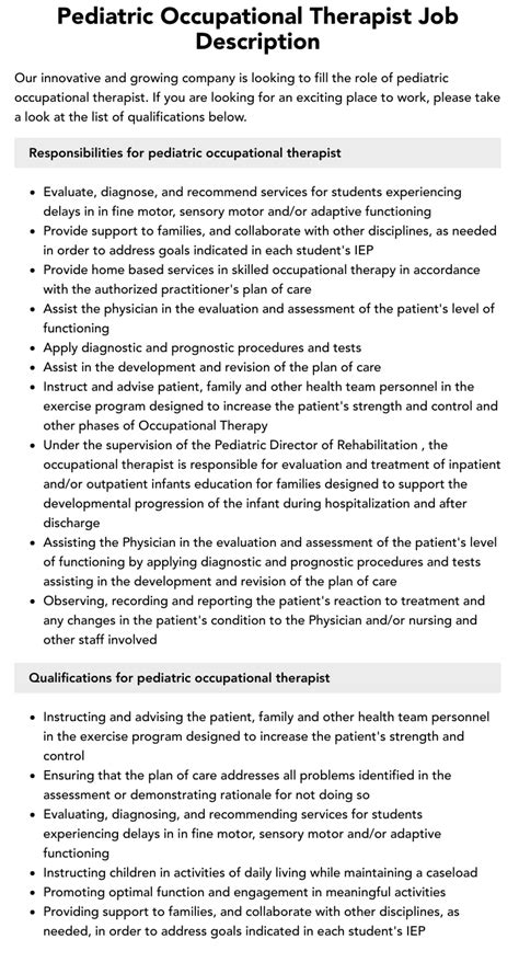 Pediatric Occupational Therapist Job Description Velvet Jobs