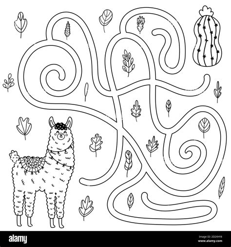 Help The Cute Llama To Get To The Cactus Black And White Maze Game For