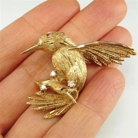 Hummingbird Pin 14k Diamond Brooch Ruby Brooch Diamond