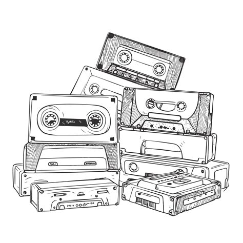 Drawing Of A Bunch Of Cassettes In A Stack Outline Sketch Vector Wing