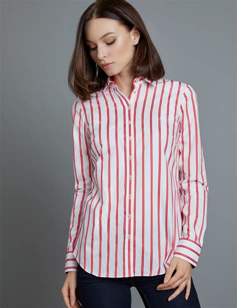 Womens White And Red Stripe Semi Fitted Shirt Single Cuff Hawes And Curtis