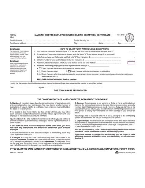 Massachusetts Employees Withholding Exemption Certificate Form M 4