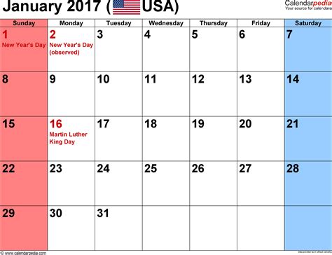 January 2017 Calendars For Word Excel And Pdf