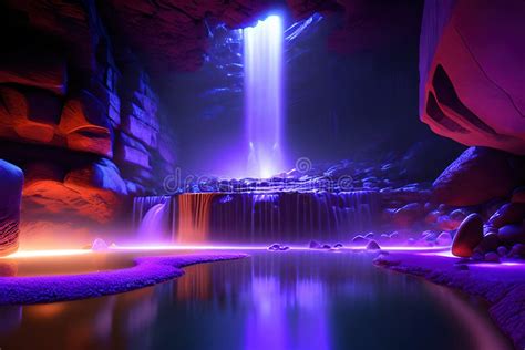 Massive Spa In A Wet Cave Waterfall Purple Lighting By Ai Generated