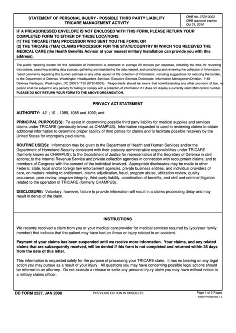 Fillable Dd Form 2527 Statement Of Personal Injury Possible Third