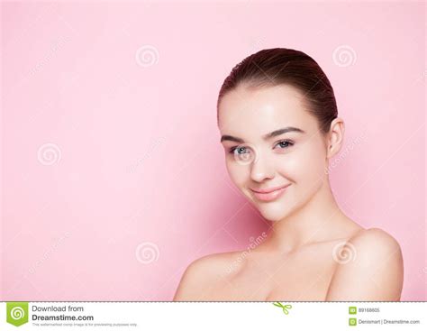 Beauty Girl Natural Makeup With Cute Smile On Pink Stock