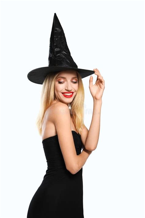 Beautiful Woman In Witch Costume On White Halloween Party Stock Image