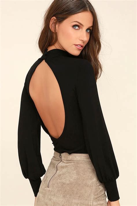 Chic Black Top Long Sleeve Top Mock Neck Top Backless Top 34