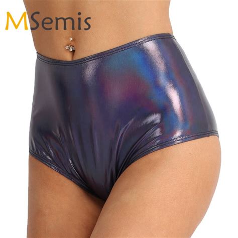Msemis Women Shiny Sexy Shorts Metallic Patent Leather Shorts Zipper High Waist Rave Booty