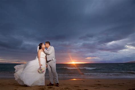 Bride And Groom On The Beach At Sunset In Hawaii Anna Kim Photography