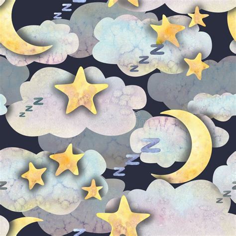 Watercolor Illustration Of The Night Sky With Clouds Moon And Stars