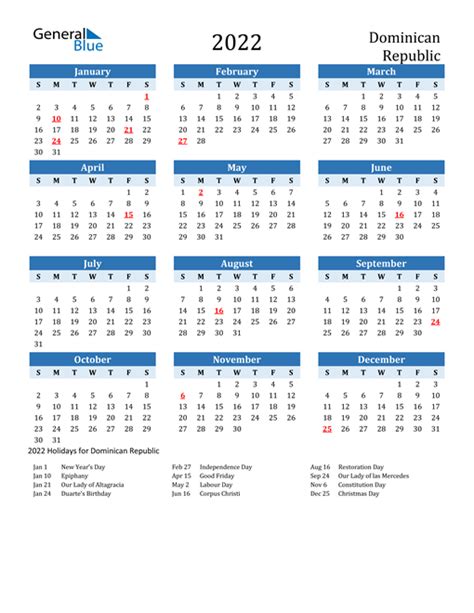 2022 Dominican Republic Calendar With Holidays