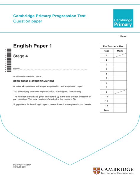 Cambridge Primary Progression Test Stage 4 English 2014 Paper 1 Question