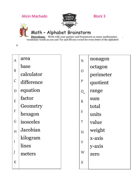 Math Alphabet Brainstorm 9 18 2020