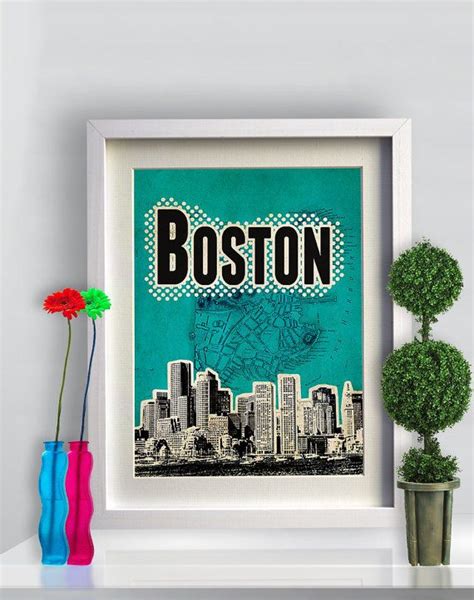 Boston City Poster Print Cityscape Artwork Mixed Media Art On Canvas