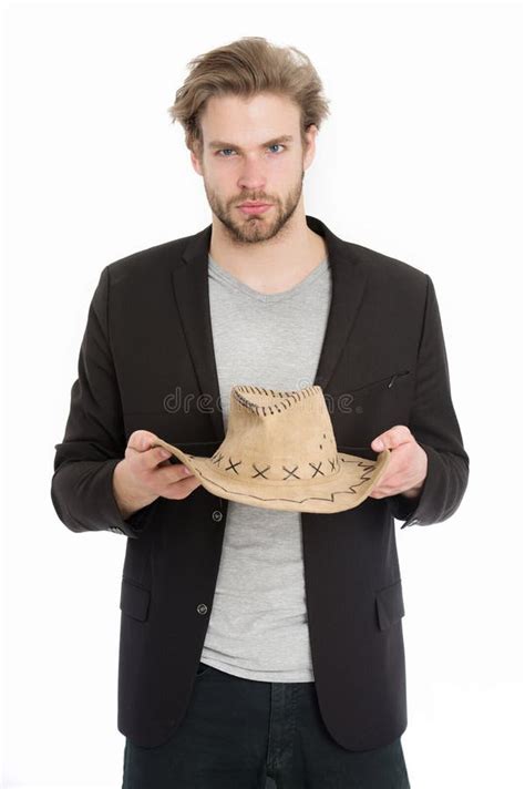 Businessman Young Man Wearing Cowboy Hat Black Jacket Stock Photos