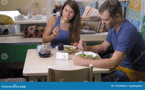 Couple Man And Woman Eating In Vegetarian Restaurants Healthy Food