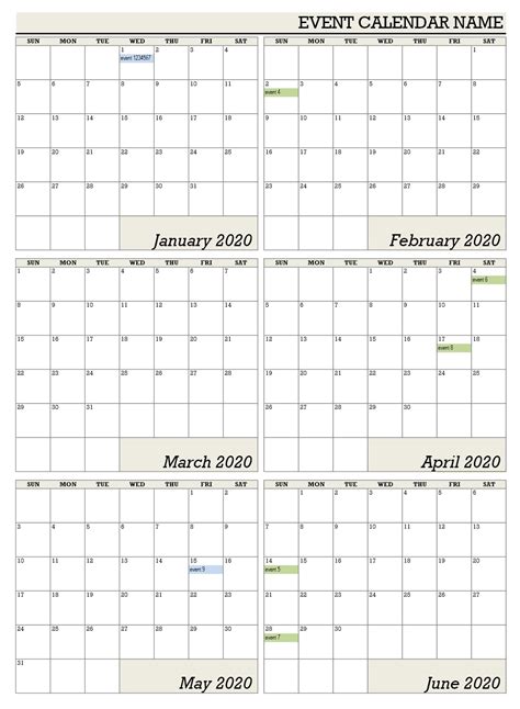 Incredible 6 Month Fill In Calendar On One Page Printable Blank