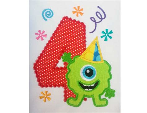 Funny Monster Happy Birthday Number 4 Applique Embroidery Etsy