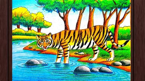 Tiger Scenery Drawing Step By Stepforest Scenery Drawing With Tiger