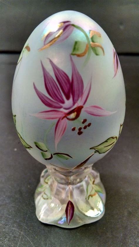 Fenton Egg W Stand Frosted Iridescent Clear Glass Tiger Lily Signed Numbered Egg Art Blue