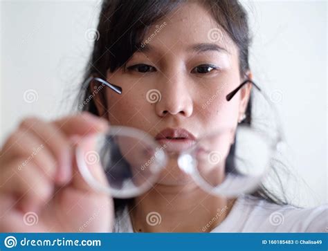 Short Sighted Woman Is Holding Glasses In Hand Stock Image Image Of Eyeglasses Look 160185483