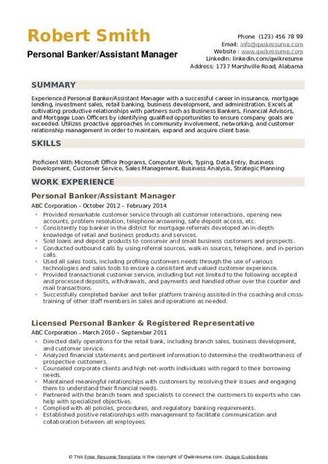 Personal Banker Resume Samples Qwikresume