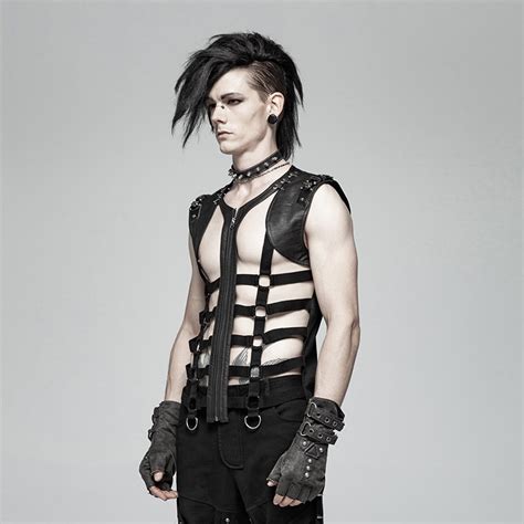 Punk Rave Mens Punk Vest Black Skeleton Pu Personality Hollow Out Vest With Metal Leather Tab