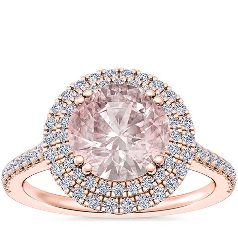 Micropave Double Halo Diamond Engagement Ring With Round Morganite In