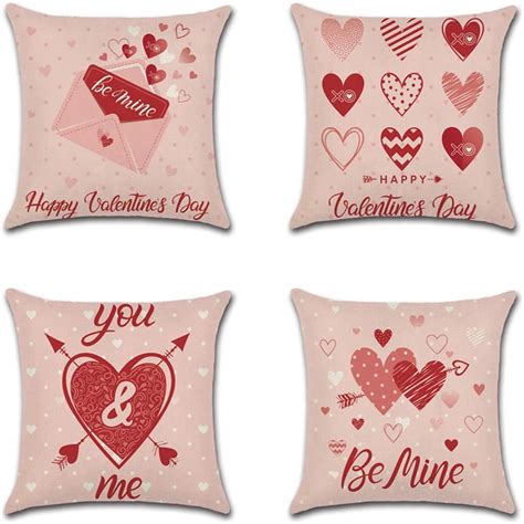 4 Pieces Love Heart Valentines Day Pillow Covers 18 X 18 Linen Throw Pillow Case Throw