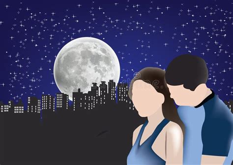 Acople Dos Amantes Com Um Céu Estrelado E A Lua Ilustração Do Vetor
