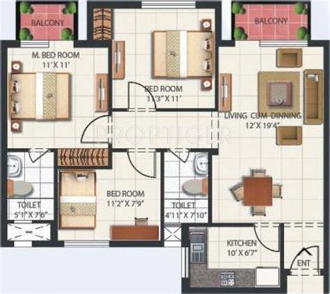 1350 Sq Ft 3 Bhk Floor Plan Image Mahindra Lifespaces Developers Aura