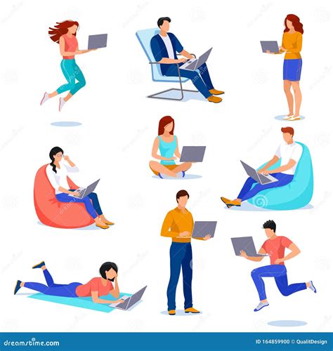 People With Laptops In Different Poses Vector Flat Cartoon