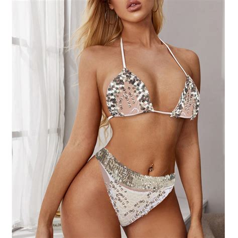 2pcs Sexy Sequin Halter Bra And Panties Clubwear See Through Mesh Bikini Lingerie Set N20178