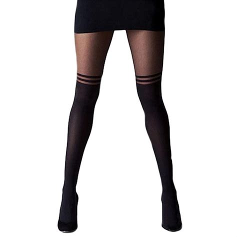Black Temptation Sheer Mock Suspender Over The Knee Double Stripe Sheer Womens Tights Visible