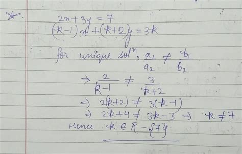 find the value of k for which the following pair of linear equations has unique solution 2x 3y 7