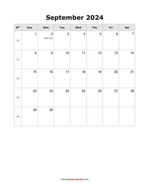 Download September 2024 Blank Calendar With Us Holidays Vertical