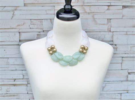 Mint White And Gold Statement Beaded Chunky Necklace Etsy