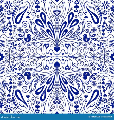 Chinoiserie Seamless Pattern Background Blue And White Repeating Tile