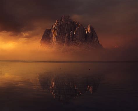 Mountain Lake Sunset Reflection Clouds Mist Gold