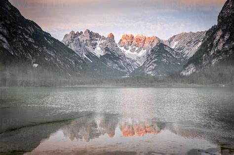 Popena Group And Monte Cristallo Mirrored In Lake Landro Durrensee In